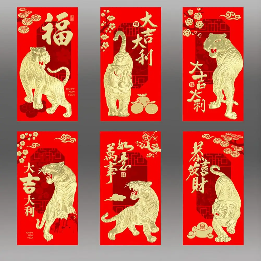 Juego de 6 unids/set de papel de bolsillo rojo con efecto 3D, sobre Rojo, patrón de Tigre, bolsa de dinero de la suerte, estampado en caliente, bolsillo rojo para Festival de Primavera