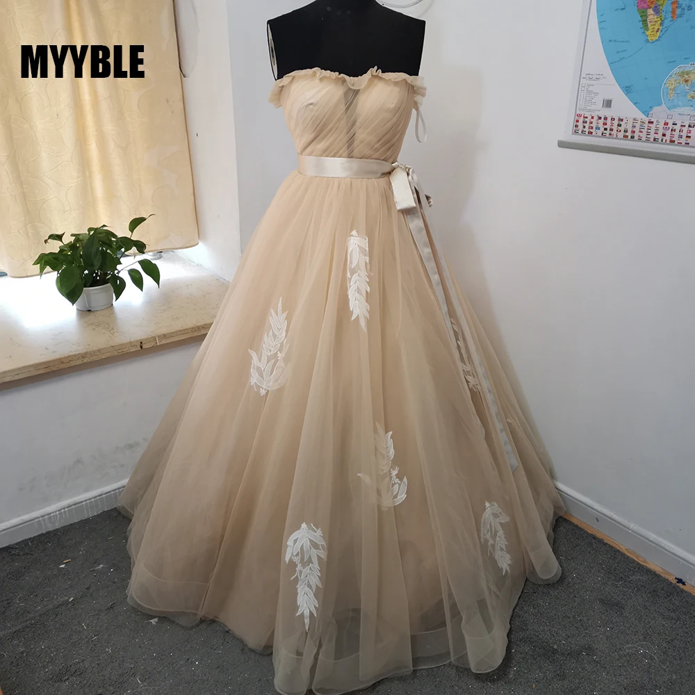 MYYBLE 2021 abito da cerimonia in Tulle senza spalline elegante senza spalline Champagne elegante abito da sposa lungo in pizzo con scollo a barchetta