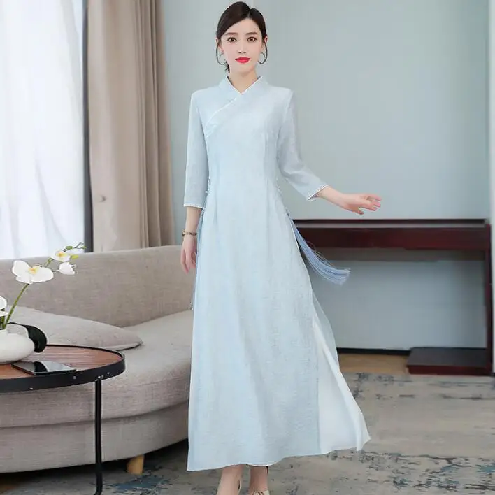 

Cheongsam Dress Women Long Summer Hanfu Chinese Spring Blue Vintage Chipao