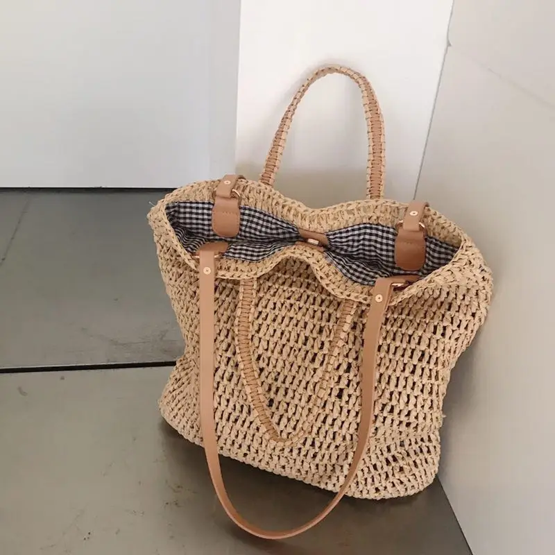 Weaving Hollow Paper Straw Bag Shoulder Bag Female Beach Bag, Girl Fashion Travel Bag Women Casual Tote