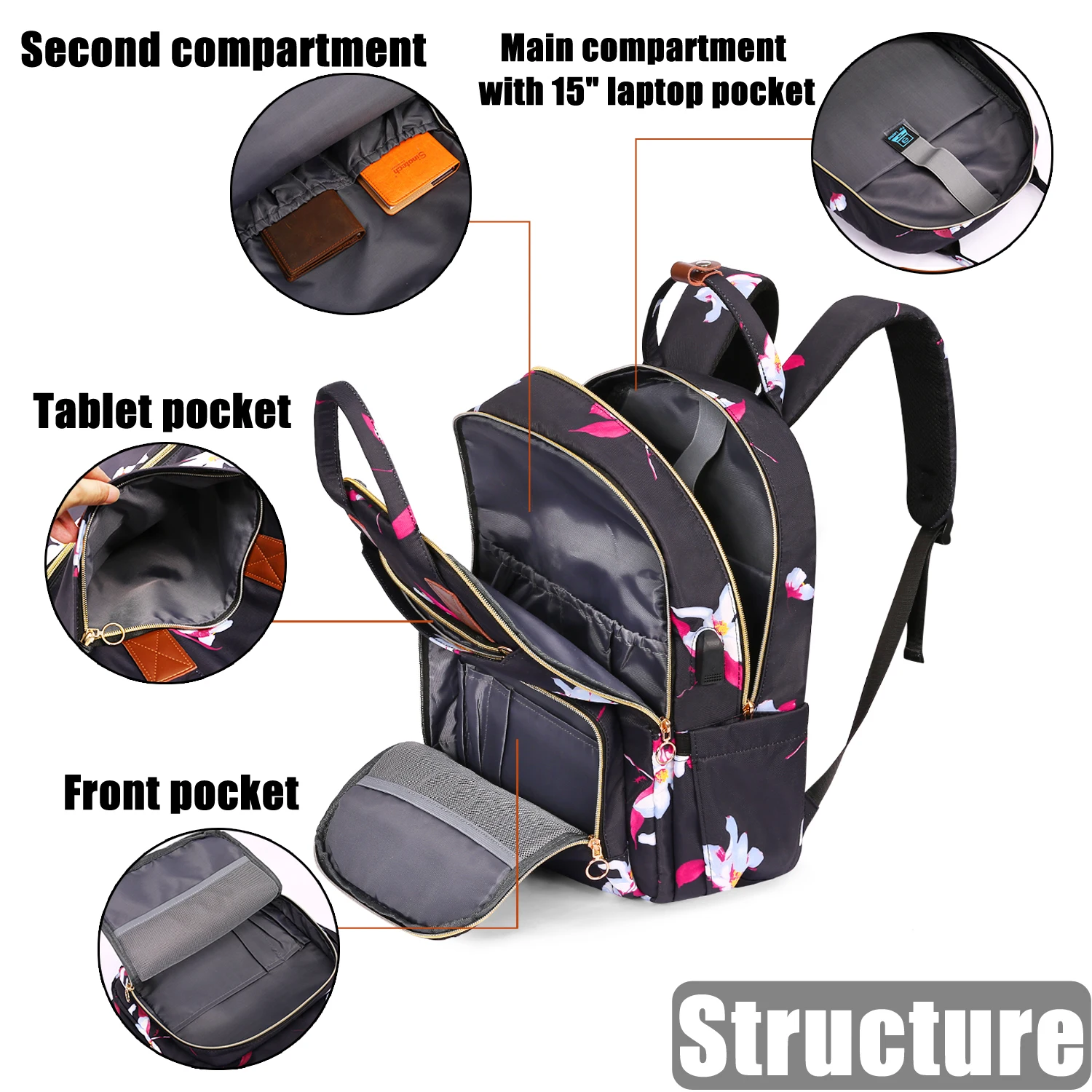 LOKASS-USB Carregamento Mochilas para Mulheres, Mochila Escolar para Meninas, Moda Empresarial, Mochila Laptop, 15.6\