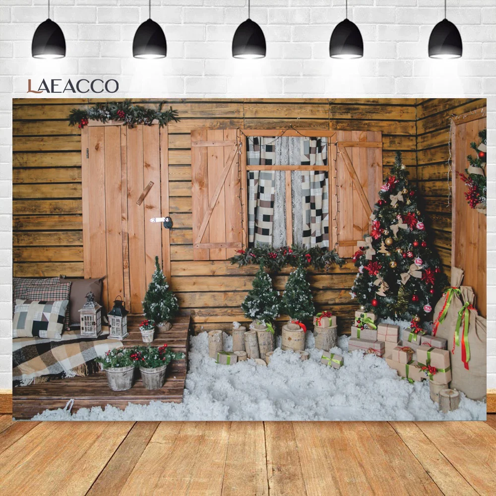 Laeacco-크리스마스 포토콜 우드 하우스 창문 조명 나무 소파 선물 가족 초상화 사진 배경막, 사진 배경
