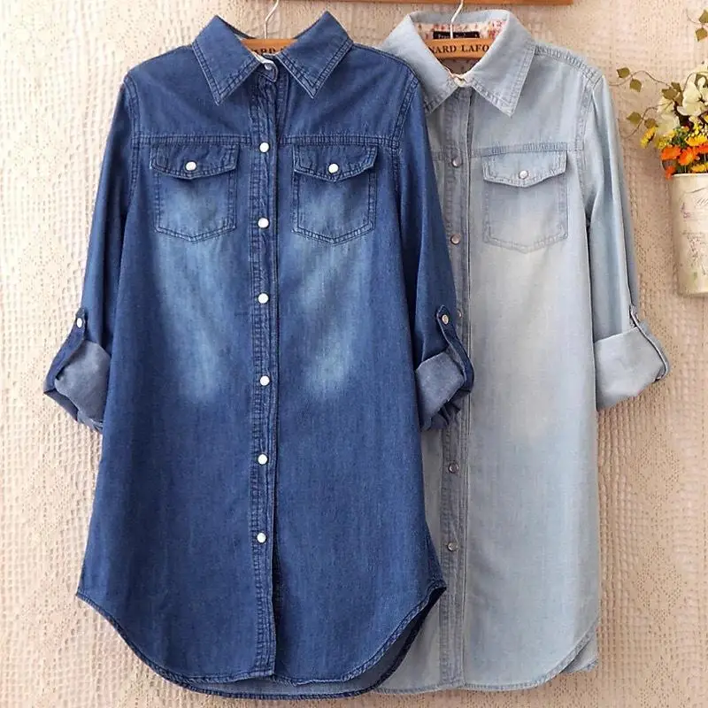 

Summer Female Denim Long Shirts Feminina Women Casual Cotton Jean Blouse Women 'S Tops Turn -Down Pockets Light Blue