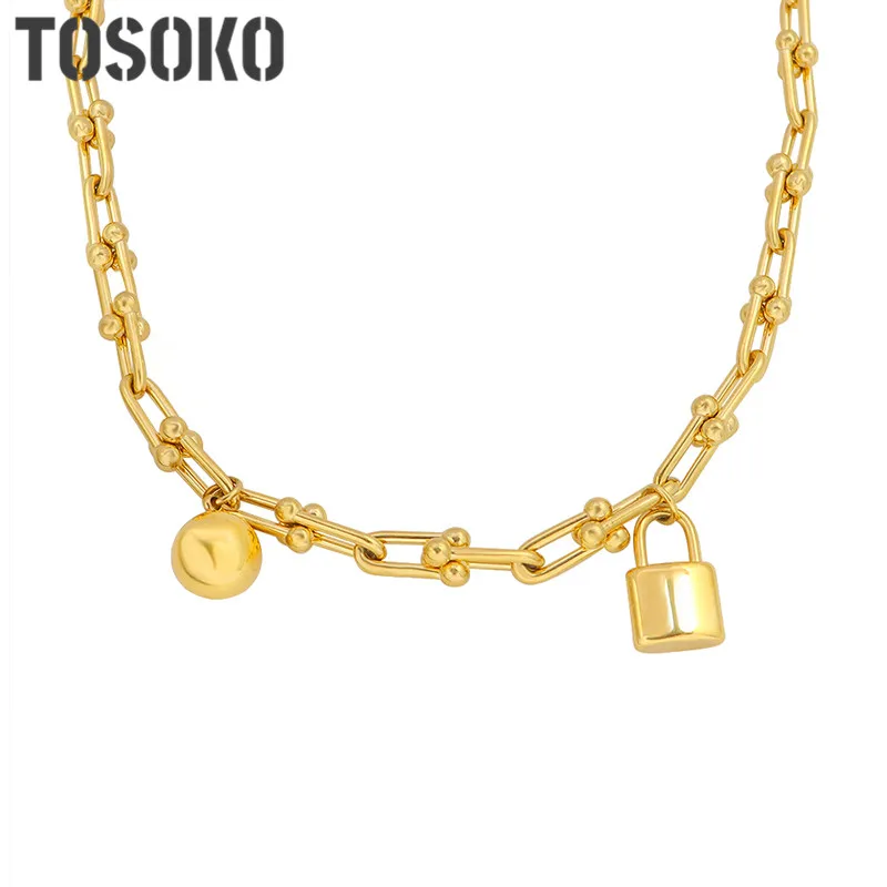 TOSOKO Stainless Steel Jewelry Lock Head  Buckle Round Bead Pendant Women's Fashion Thick Chain Clavicle Chain BSP072