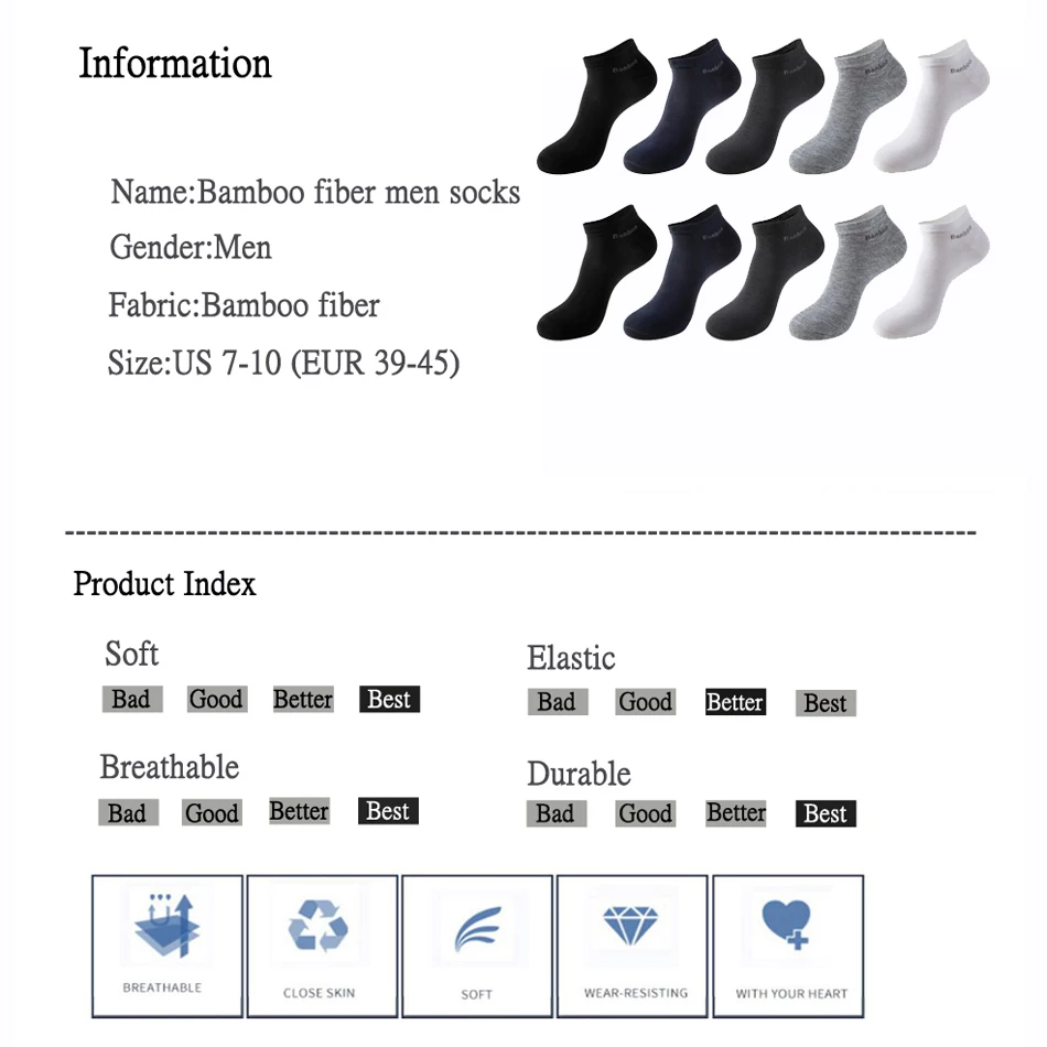 10 Pairs High Quality Men Bamboo Fiber Socks Men Breathable Compression Short Socks Business Casual Ankle sock Large size 38-45