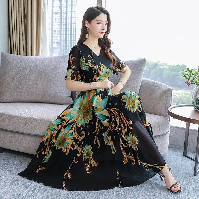 Summer Chiffon Dresses Women 2020 New Bohemia Beach Dress Fashion Ruffle Sleeve Printed Mid-long Dress Sundress Female Vestidos