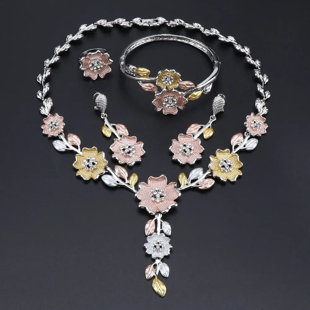 Women African Beads Jewelry Sets Flower Crystal Necklace Earring Ring Bangle Statement Wedding Accessories Jewelries Set