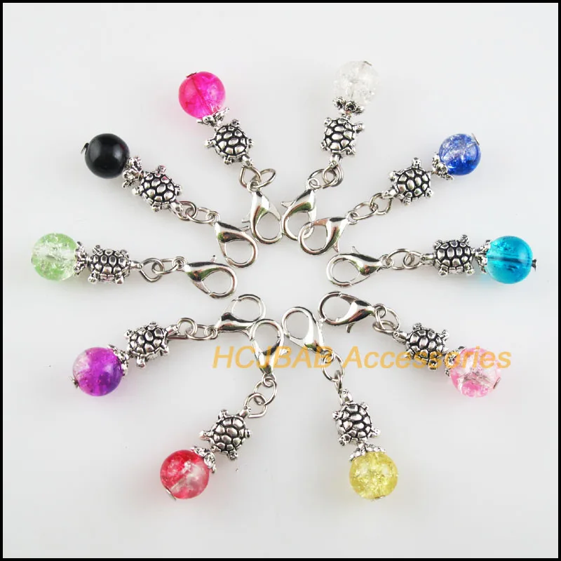 10 New Tortoise 9x29mm Charms Mixed Ball Glass Tibetan Silver Plated Retro With Lobster Claw Clasps