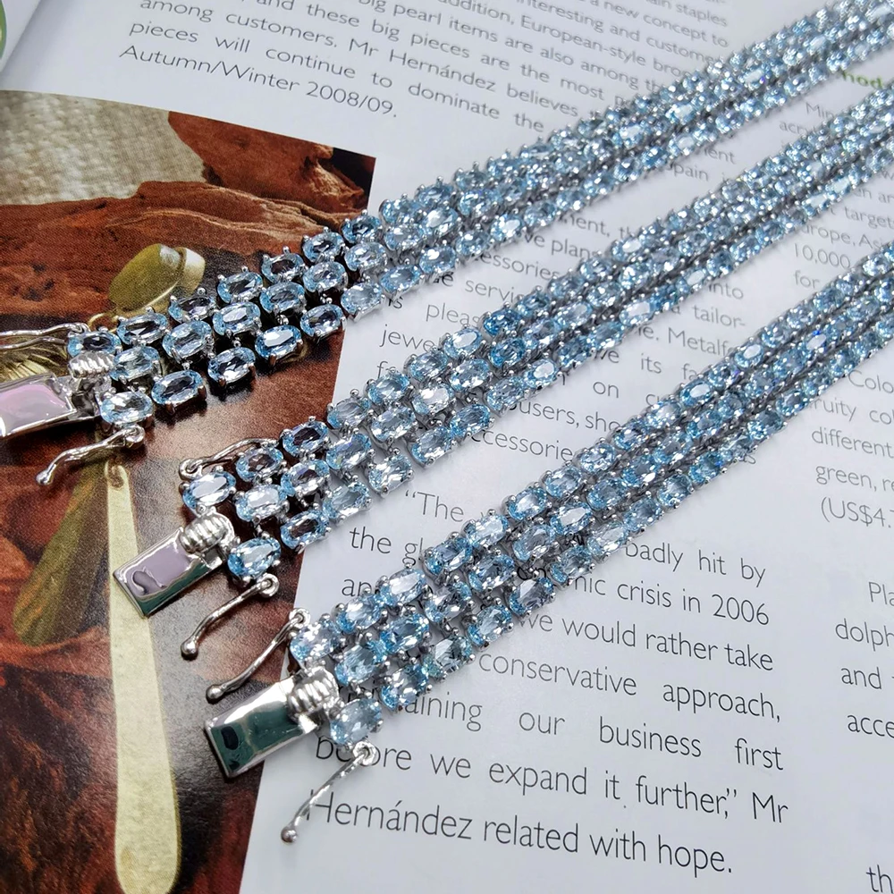 Luomansi 92 Natural Blue Topaz Three Row Bracelet 17 19CM 100%-S925 Sterling Silver Jewelry Anniversary Party Gift