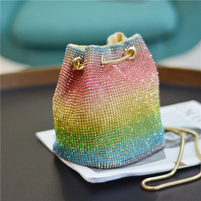 Niche Personality Messenger Shoulder Rhinestone Bag Female Chain Handbag Female Color Mesh Diamond Bucket Bag