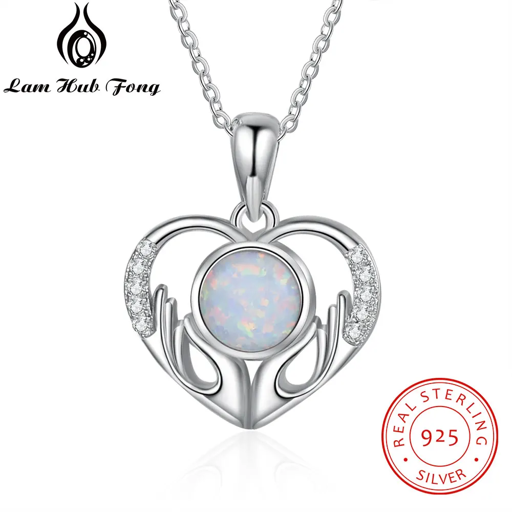 Heart Pendant Necklace for Women White Opal Stone Necklaces 925 Sterling Silver Hand Necklaces Mother's Day Gift (Lam Hub Fong)