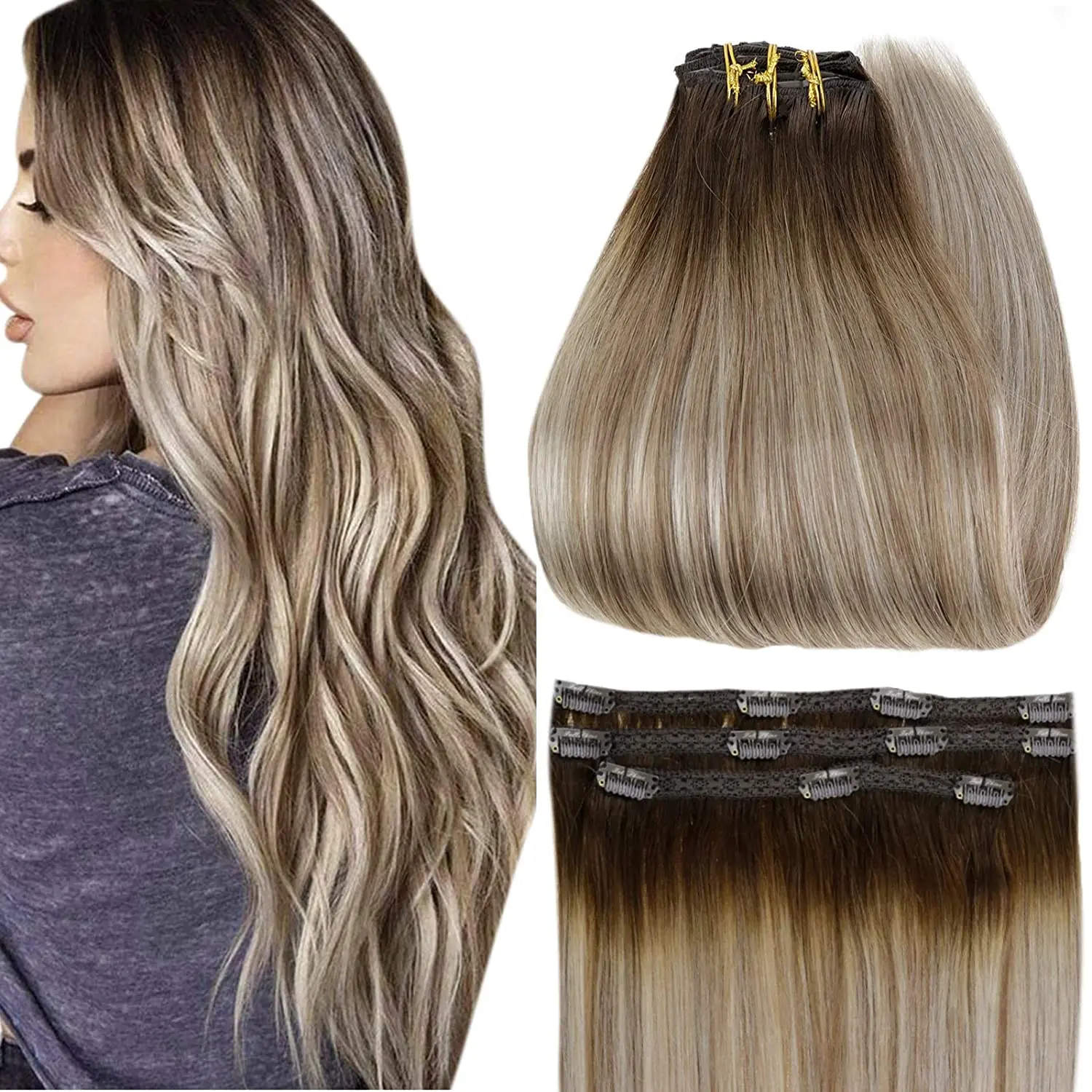 Extensiones de Cabello con Clip para mujer, 100% cabello humano Real Remy, horquilla, trama de piel, brillo completo, 50 gramos, 3 uds.