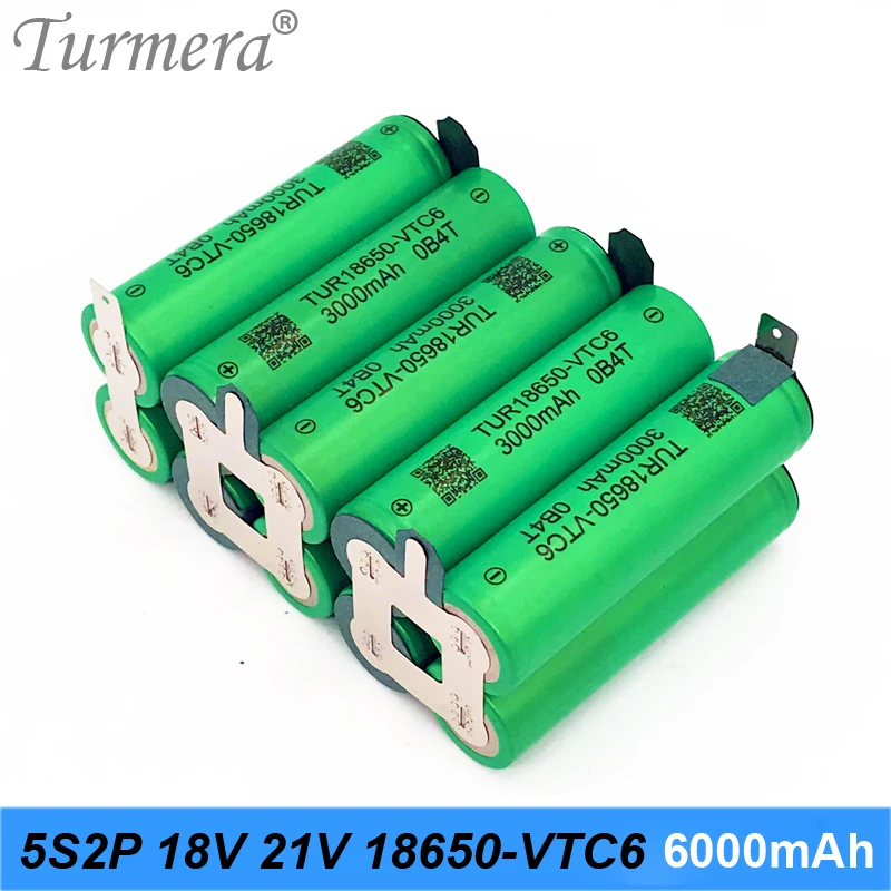 

TUR18650VTC6 2P 6000mAh 5S 18V 21V VTC6 3000mAh 30A Battery Pack with Welding Nickel for Screwdriver Batteries Use Turmera