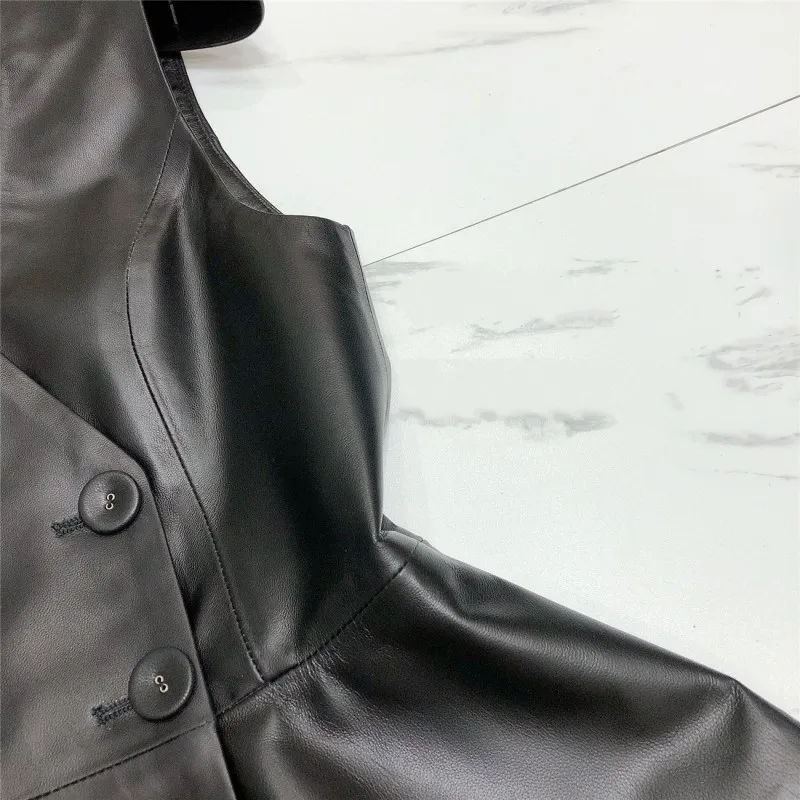 Designer OL 100% Genuine Leather Vest Women Slim Double Breasted Short Waistcoat V-Neck Party Lady Sheepskin Sleeveless Jacket