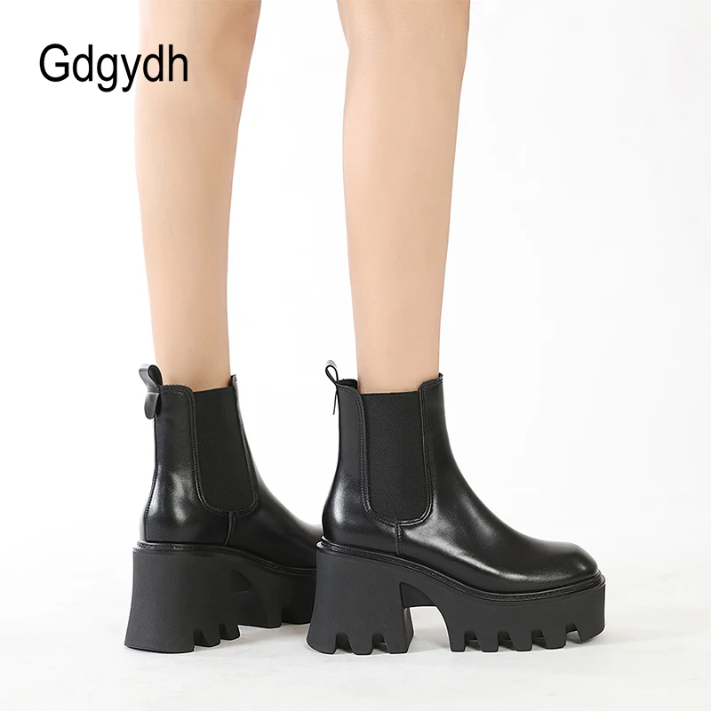 GDGYDH Slip-On Women Motorcycle Boots Square High Heels Thick Platform Female Ankle Boots Black Plus Sizes Chelsea Boots Women