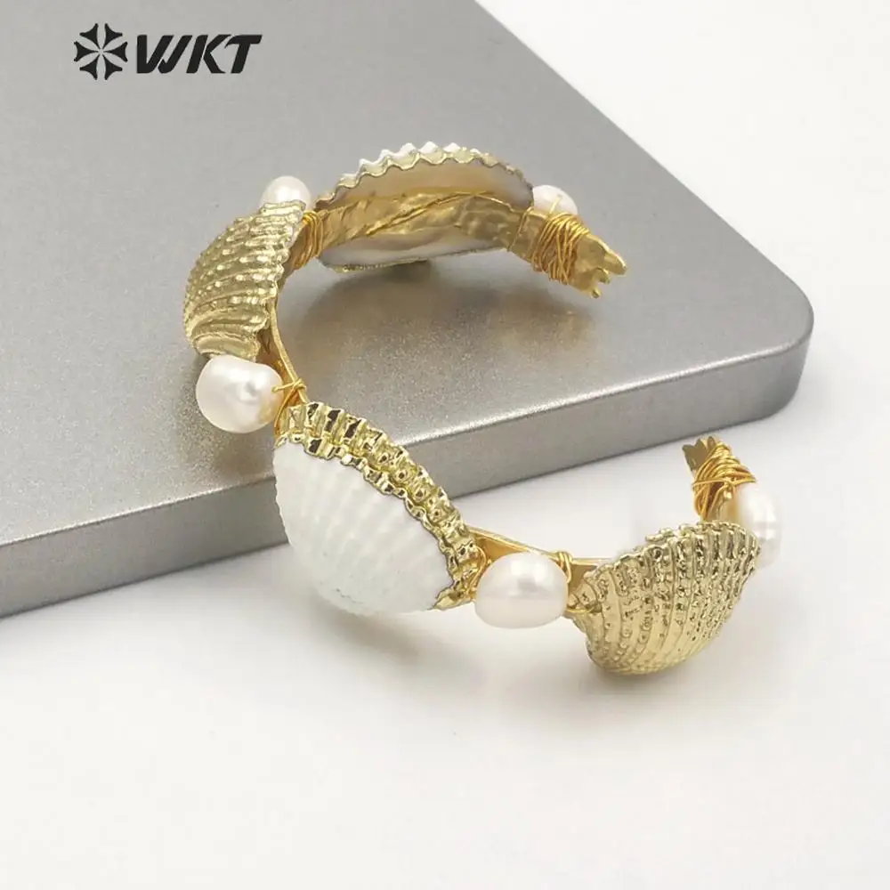 WT-MPB025 WKT Newest Natural Scallop Cuff Bangle Amazing Handmake Wire Wrapped For Women Daily ACC
