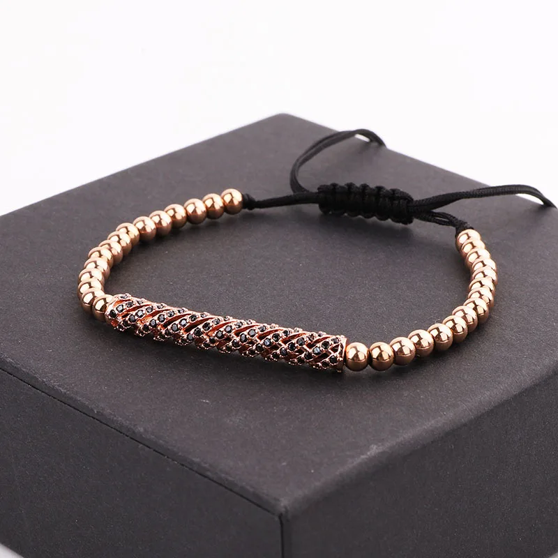 High Quality Men Women Jewelry CZ Pave Bar Charm Stainless Steel Beads Macrame Bracelet Gift