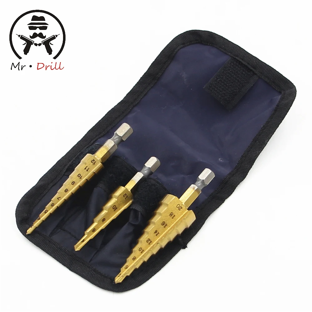 3-12mm 4-12mm 4-20mm Nylon Bag Packing Power Tools Wholesale Price 3pcs/set Metal Drilling HSS Step Drill Bits