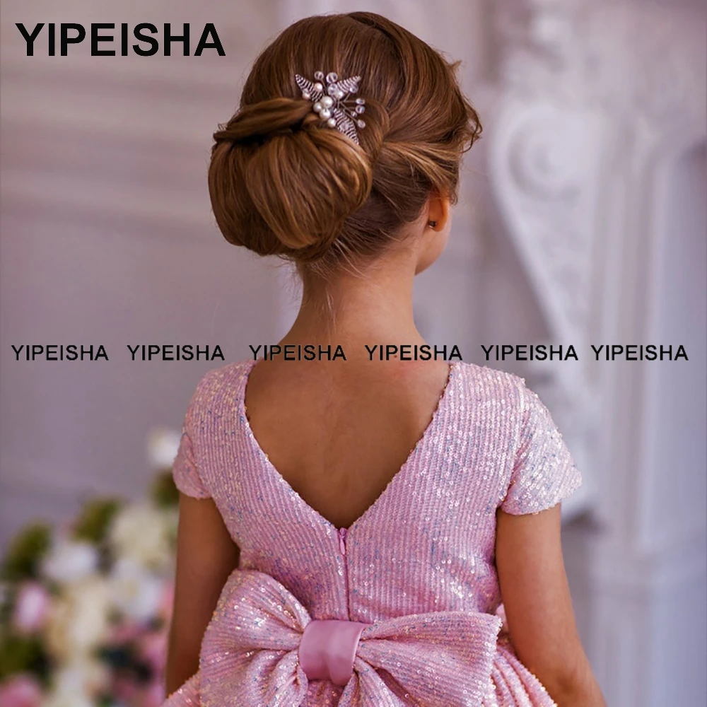 Yipeisha 2021 Rosa Blumen Mädchen Kleider Bogen Ballkleid Kinder Hochzeit Gast Kleid Pailletten Geburtstag Party Kleider vestidos de comunió