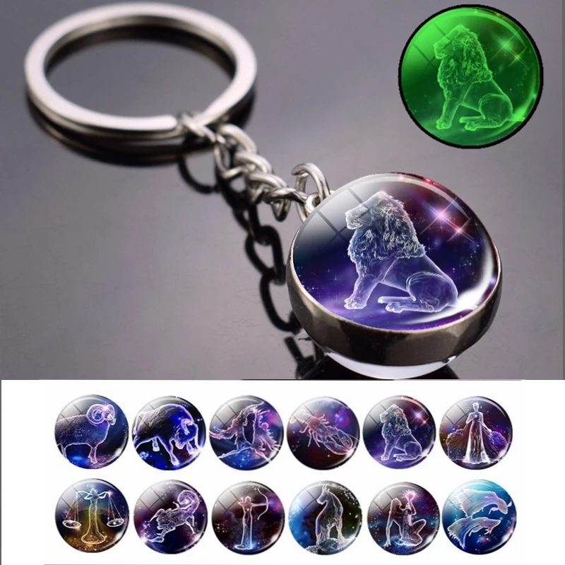 12 Zodiac Sign Luminous Keychain Gifts Keyring Buckle Taurus Gemini Cancer Leo Scorpio Constellation Key Chain Buckle Glowing