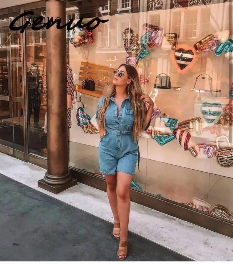 Women Casual Summer Denim Romper High Waist Jeans Overall BF Wide Leg Jumpers Lapel Pocket Shorts Jumpsuit Playsuit Jumpsuits