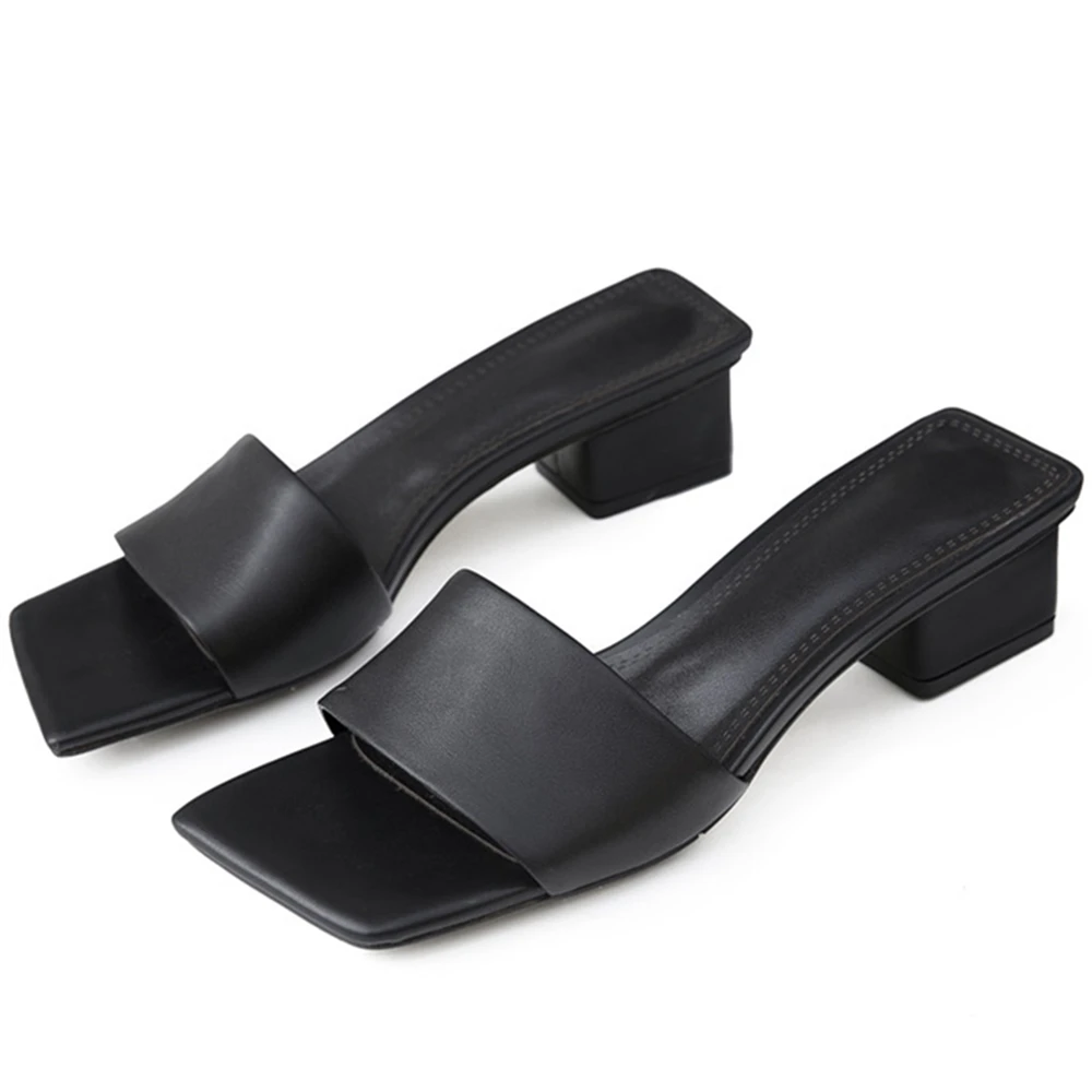 Drestrive Women Sandals Thick Heels 3.5 cm Square Toe Cow Leather Classics Female Slipper 2022 Summer Shoes Black