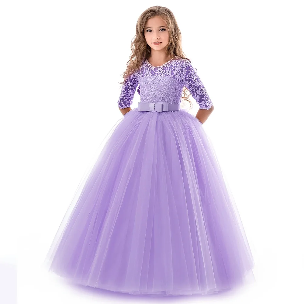 Princess Lace Dress Kids Flower Embroidery Dress For Girls Vintage Children Dresses For Wedding Party Formal Ball Gown 14T