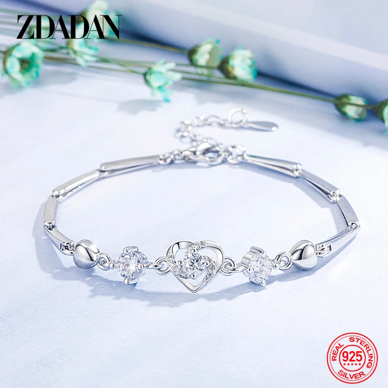 ZDADAN 925 Sterling Silver Heart Zircon Bransoletka dla kobiet Moda Prezent Biżuteria ślubna