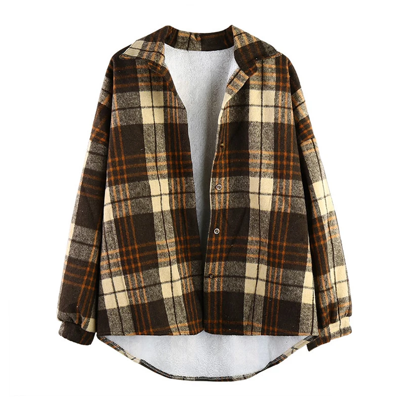 Winter Fashion Women's Shirt Coat New Casual Turn-Down Collar Button Ladies Stitching Plaid Cashmere Women Autumn Loose Jacket