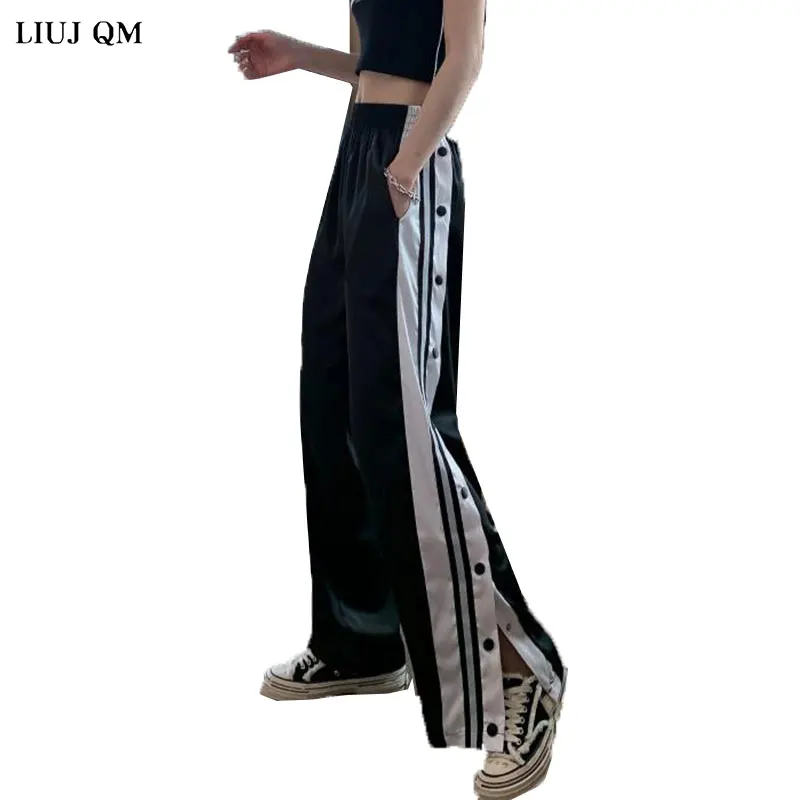 2024 Women Joggers Sweatpants Casual Wide Leg Pants Women Stripe Hip Hop Sweat Pants Streetwear Women Button Trousers Vintage