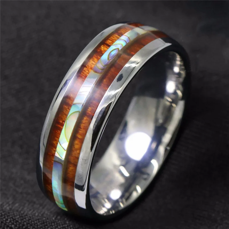 8MM Men Rings Abalone Shell Wood Inlay Tungsten Carbide Rings Men Women Wedding Ring Anniversary Jewelry