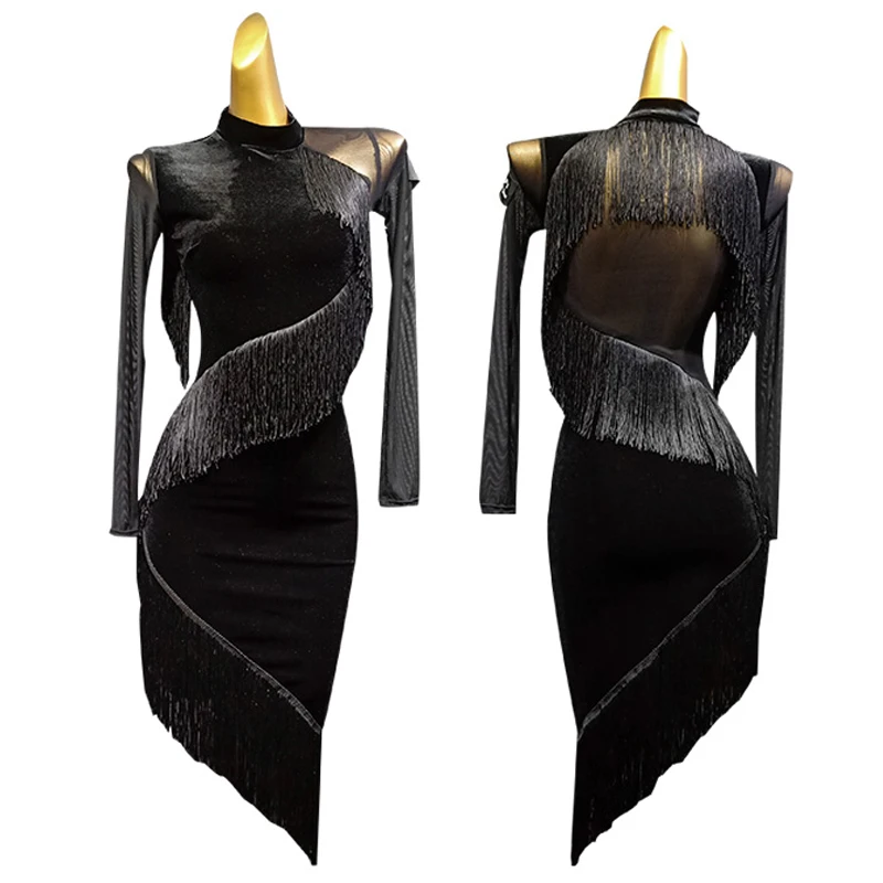 

Latin Dance Dress Black Long Dresses Women Rumba Tango Costume Adult Tassel Fringe Dancing Dress Latin Salsa Dancewear VDB1099