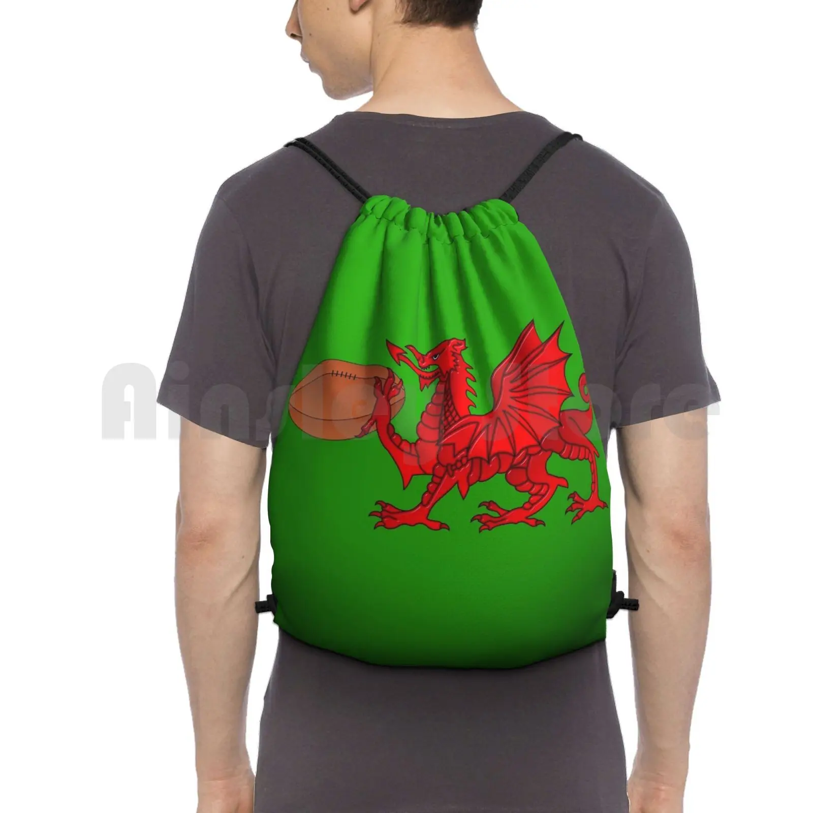 Welsh Dragon With A Rugby Ball Backpack Drawstring Bag Riding Climbing Gym Bag Welsh Dragon Rugby Ball Sport Red Brown