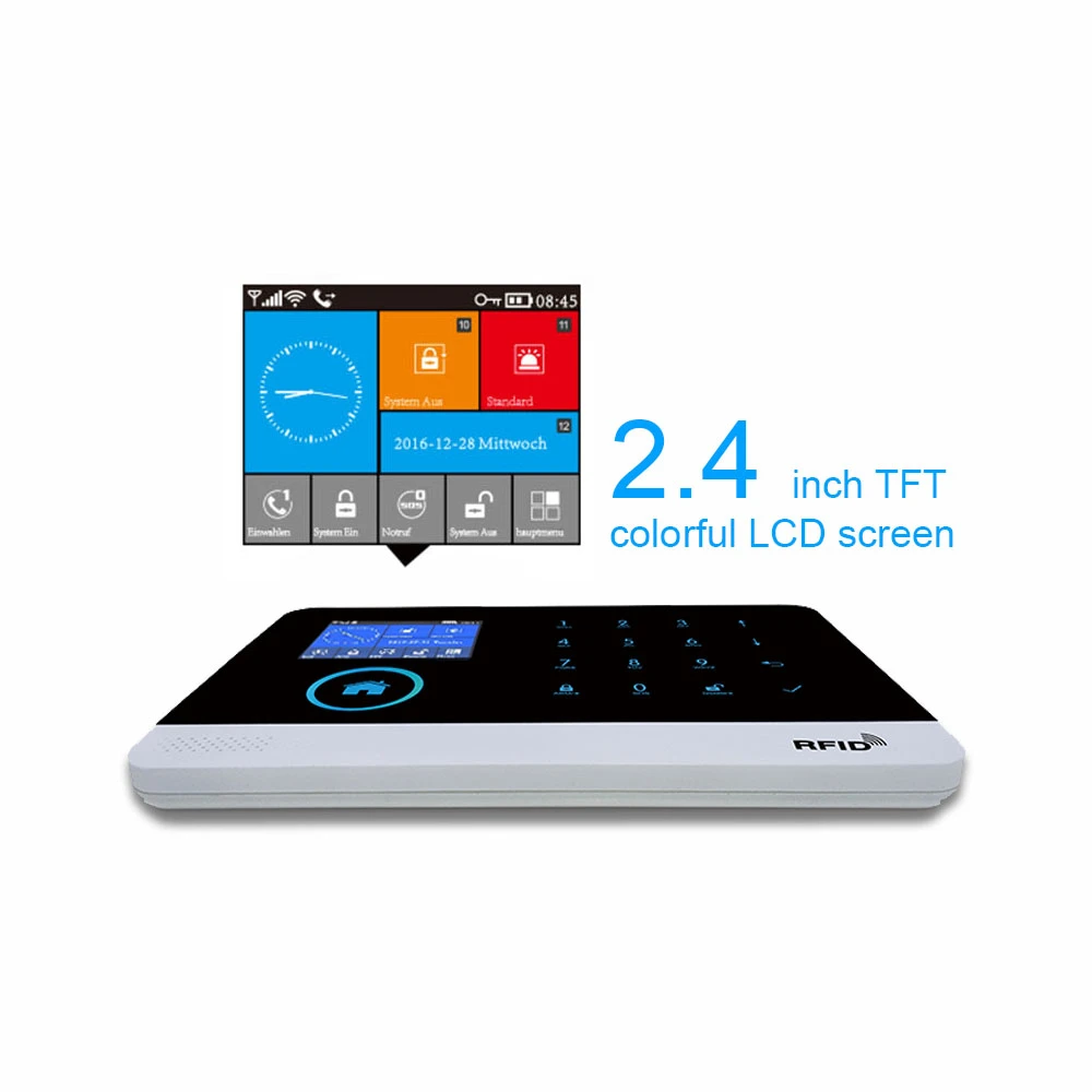 ワイヤレスホームセキュリティアラームシステム,9言語,wifi,gsm,gprs,rfidカード,アームオフ,切り替え可能,アプリケーションによるリモコン