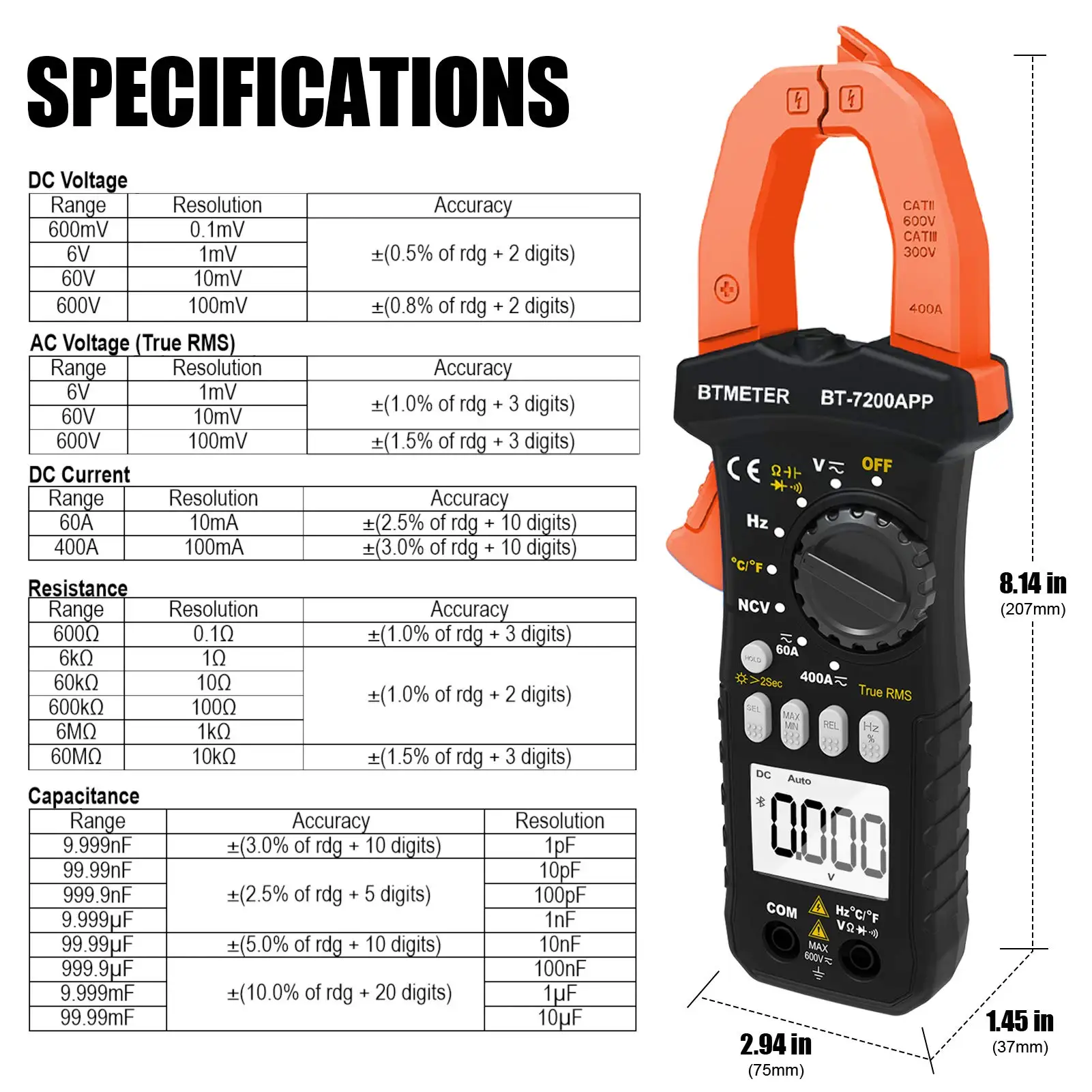 BT-7200APP TRMS 6000 conteggio multimetro del morsetto, amperometro del morsetto di Bluetooth per frequenza corrente del condensatore della resistenza di tensione di ca/cc