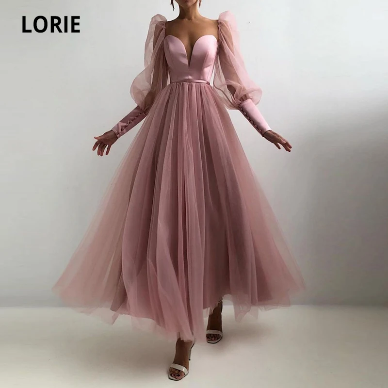 Lorie Dusty Roze Prom Jassen Sweetheart Puff Lange Mouwen Tule A-lijn Arabisch Avondjurk Bruiloft Jurk Voor Graduation