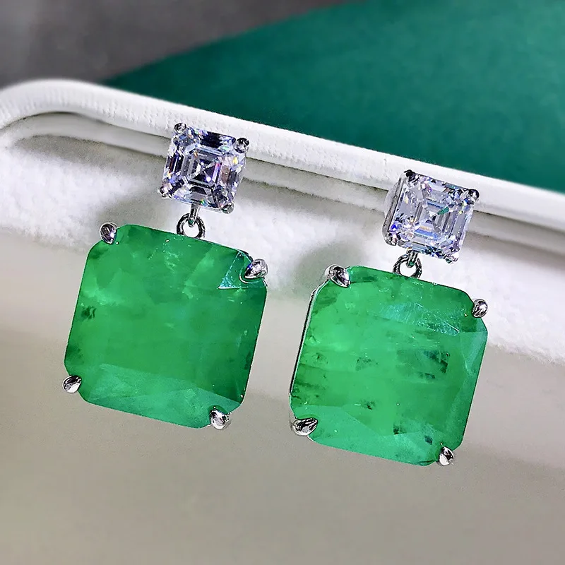 

925 Sterling Silver 15mm Green Paraiba Gemstone High Carbon Diamond Earrings for Women Super Flash Temperament Party Jewelry