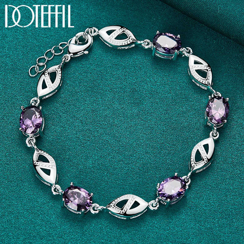 DOTEFFIL 925 Sterling Silver Purple Big AAA Zircon Bracelet Chain For Women Jewelry Engagement Party Christmas Gift