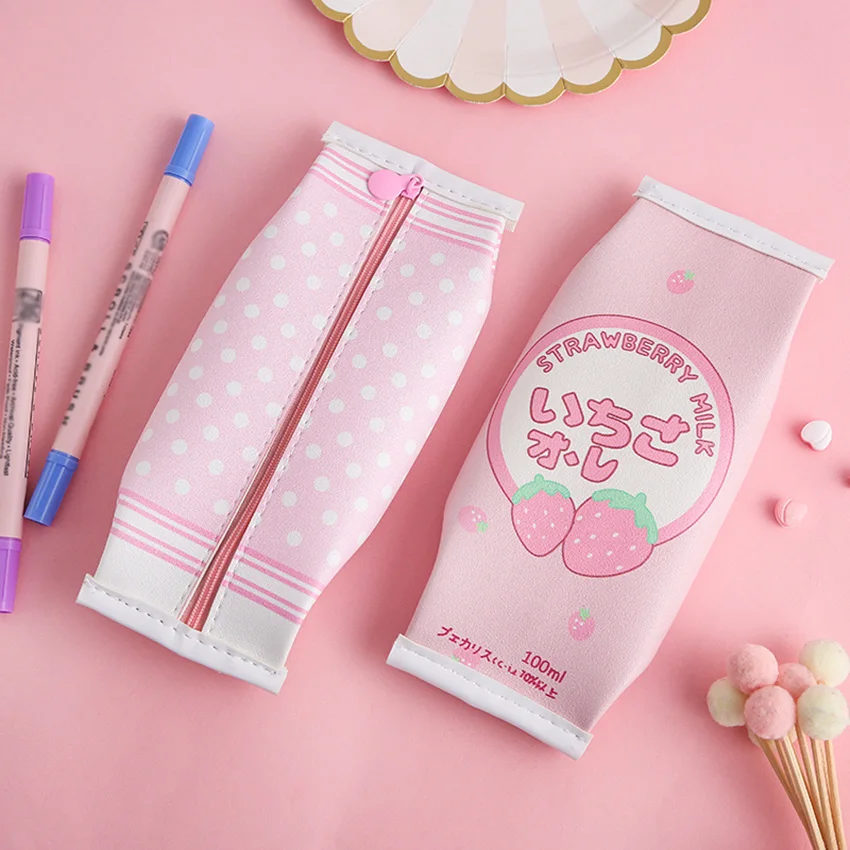 Cute Strawberry Milk Pencil Case PU Material Milk Shape Pencil Bags Pen Box Stationery Bag for office School Students Supplies