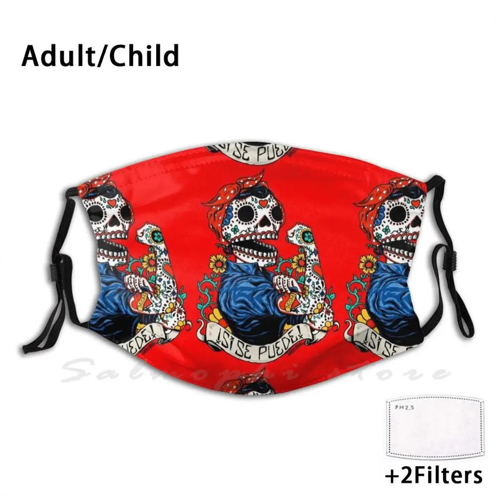 Rosie Skull Print Washable Filter Anti Dust Mouth Mask Rosie The Riveter Skull Skulls Rosie Feminism Feminist Calavera Skull