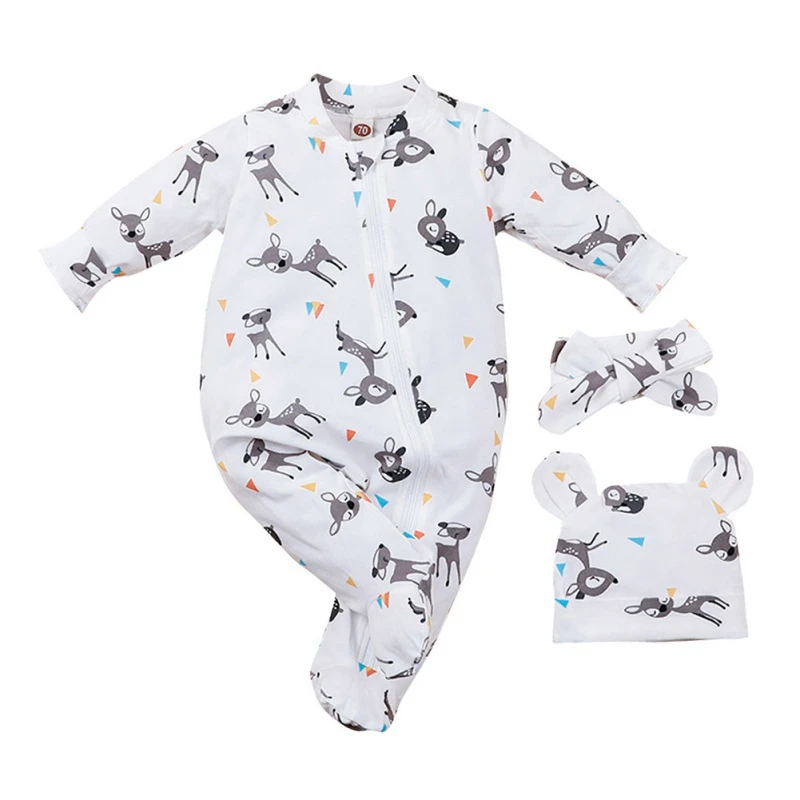 Baywell 3PCS Autumn Newborn Baby Long Sleeve Cartoon Animal Print Rompers Girls Boys Jumpsuit Hat Headband Kids Outfits Set