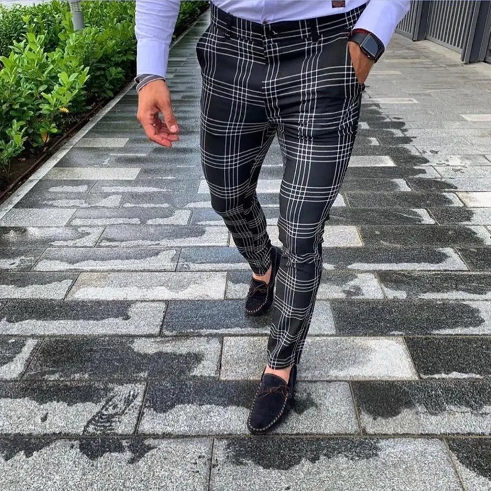 Business Pants Jogging Fitness Gym Workout Sport Pants Outdoor Plaid Button Fly Men Slim Fit Mid Rise Trousers for Dating Pants