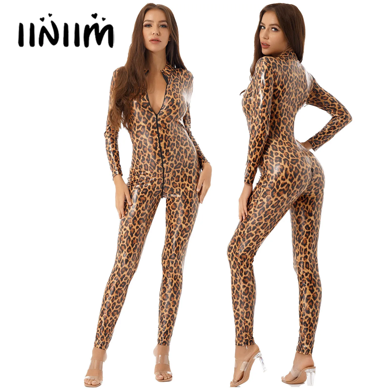 Body de charol con estampado de leopardo para mujer, ropa de calle de manga larga con cuello levantado, mono ajustado con cremallera