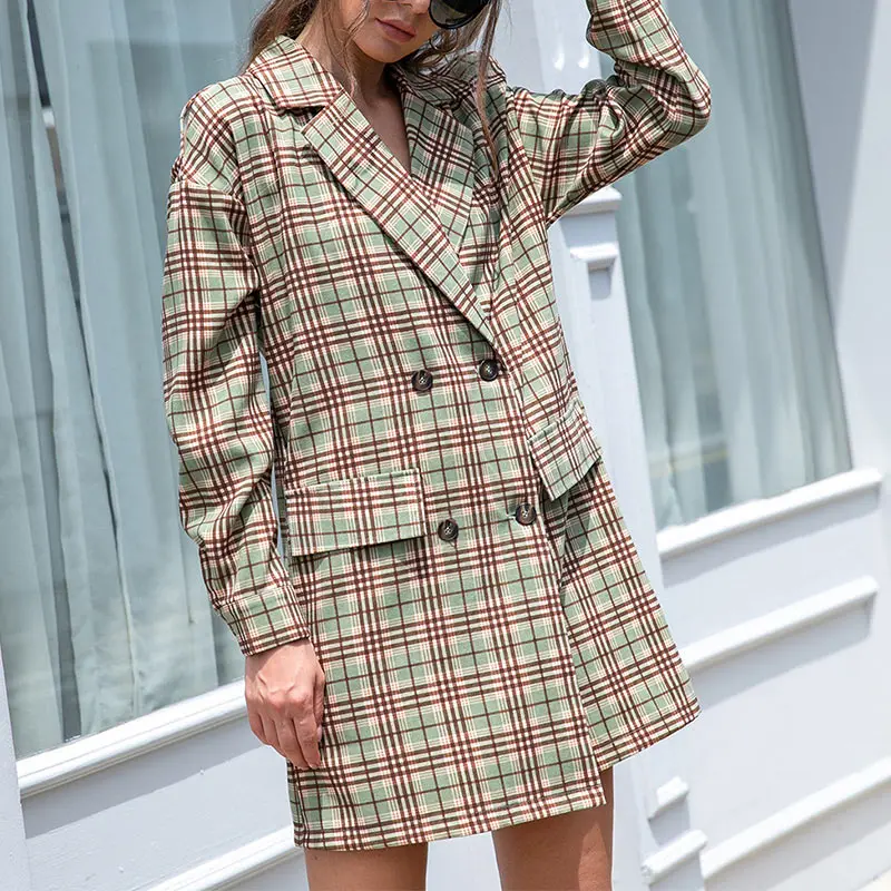 

Plaid Spliced Long Blazer Women Casual Coat Autumn Winter Vintage Double Breasted Pockets Female Coats Nice Fashion Slim Outwear