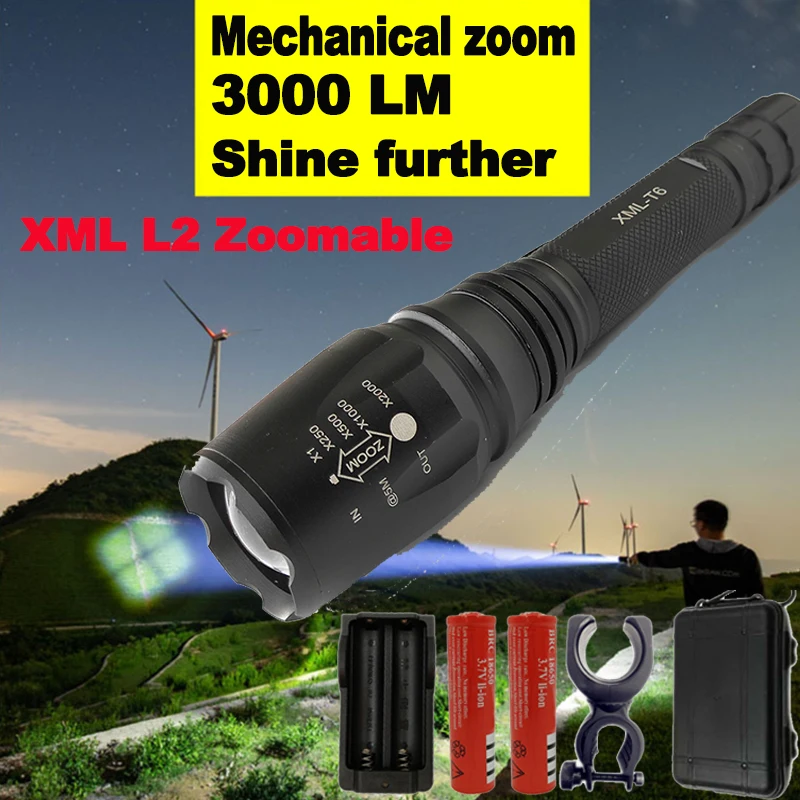 

High quality Tactical LED Flashlight Torch XML L2 Zoomable Power 2x 18650 Battery Use for Hunting Flashlight for Bicycle Light