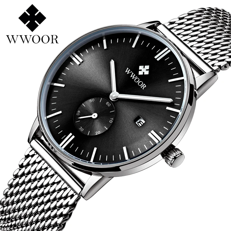 WWOOR Men Quartz Watch Mesh band Luminous Hands Second Sub-dial Date Display Fashion Casual Wristwatch relogio masculino