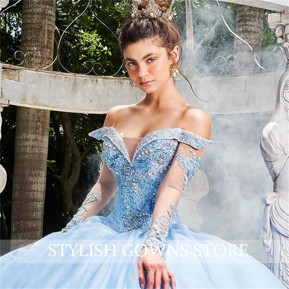 Zoete 16 Sky Blue Uit De Schouder Prinses Quinceanera Jurken Baljurk Voor Meisjes Bead Applicaties Gowns Vestidos De 15 anos