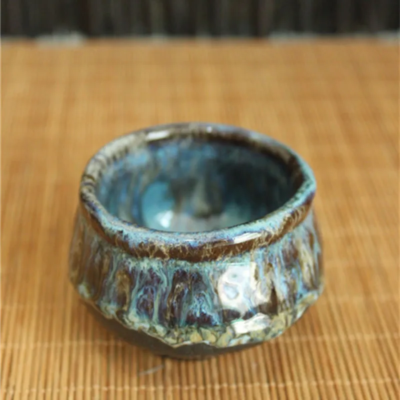 Hand-made Rough Glazed Ceramic Tea Cup, Coarse Pottery Tea Master Cup, Glaze Drinkware, Blue Flower Glaze