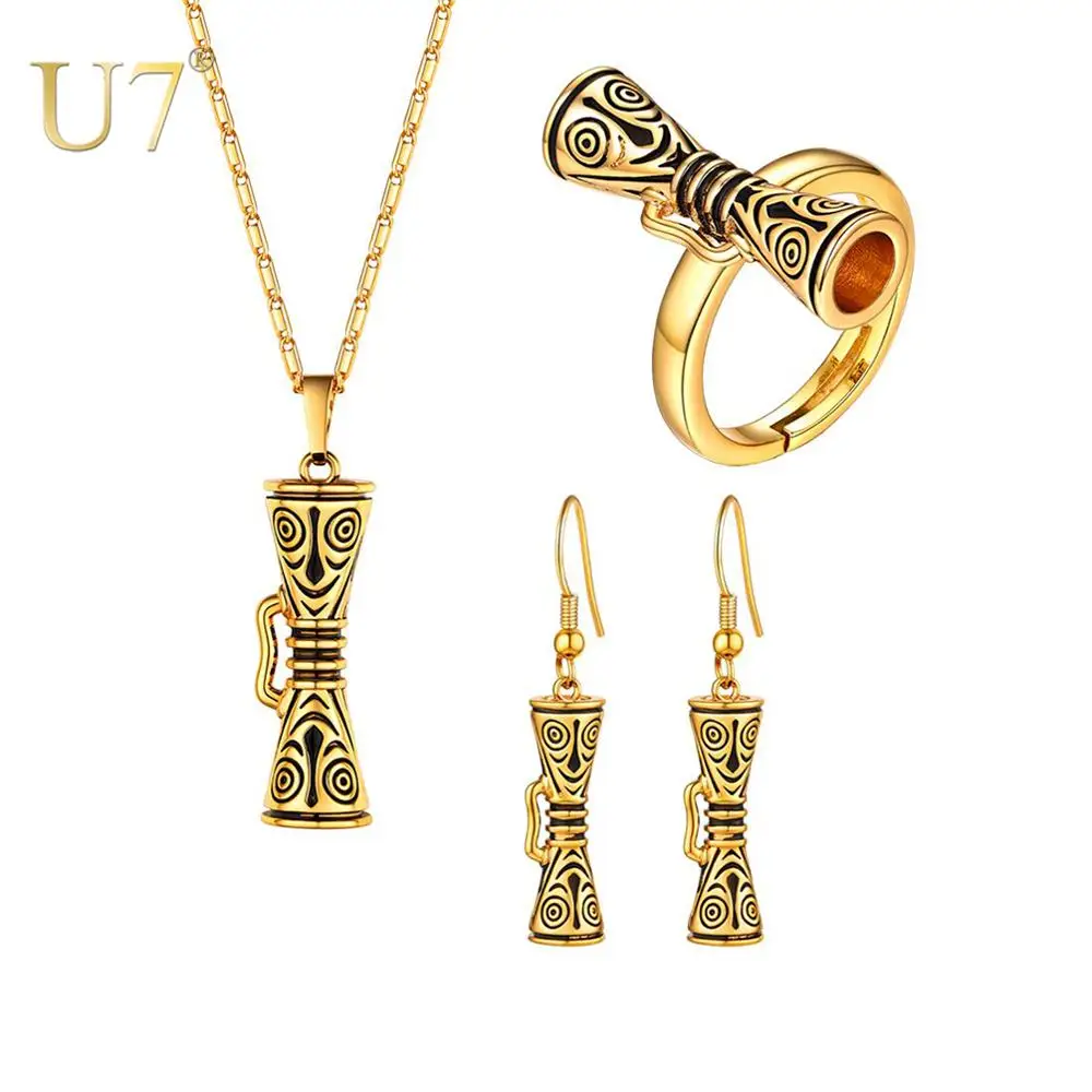 U7 3D Drum Smile Face Papua New Guinea Necklaces Earrings Ring sets for Women PNG Jewelry Gold Color Party Gifts S1026