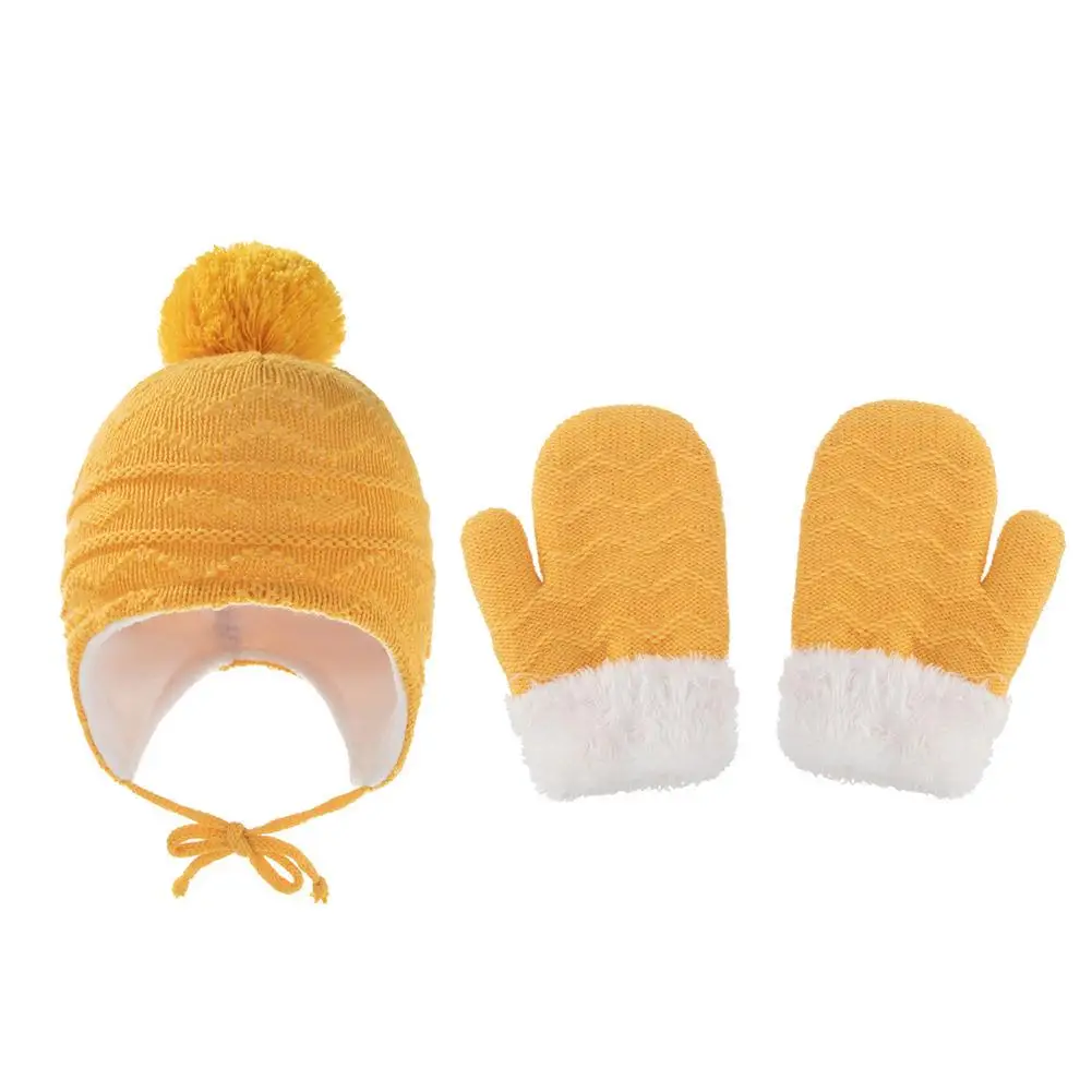 

2 Pieces Winter Kids Hat And Gloves Set Windproof Kids Bobble Hat Gloves Warm Knitted Beanie Hat For Children Outdoor Cute Baby